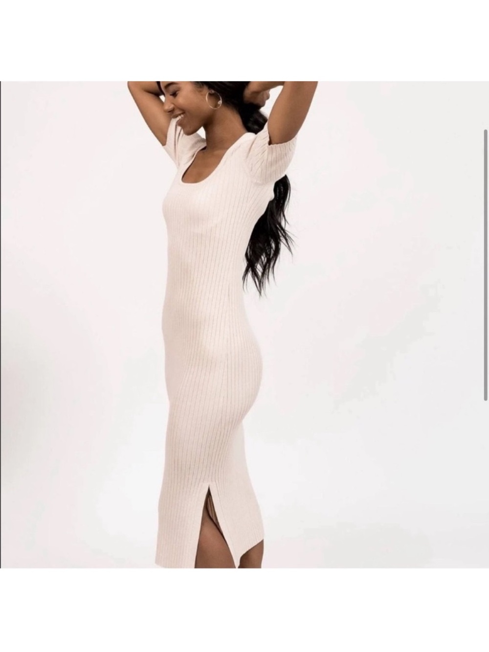Rachel Parcell Dress Womens Large Beige Ribbed Knit Bodycon Midi Scoop Neck